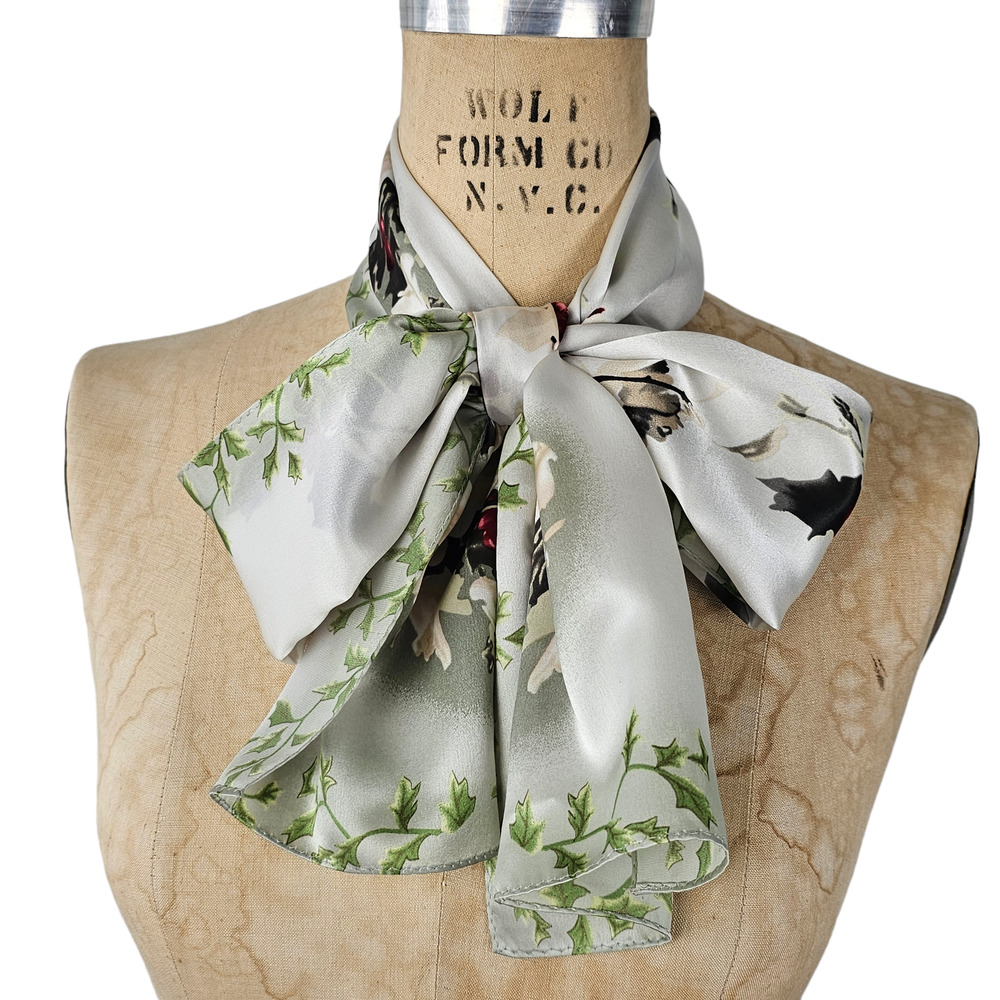 scarf Winter holly and berries floral poly satin statement bow 11 x 59